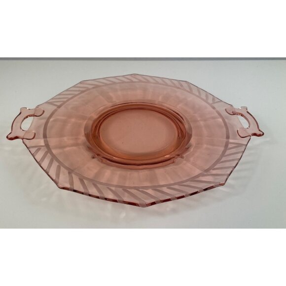 Vintage Pink Depression Glass Serving Tray With Handles Octagonal Shape Elegant - Picture 1 of 12